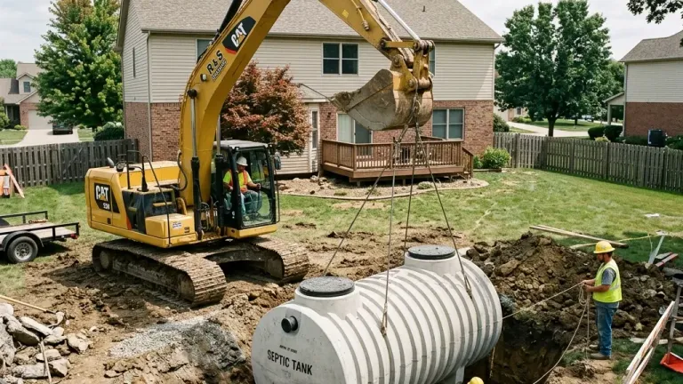 A precast concrete septic tank being installed in a residential backyard using a crane.