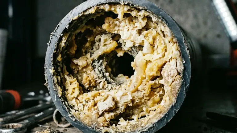 A cross-section view of a residential plumbing pipe severely clogged with hardened white and yellow grease deposits coating the interior walls.