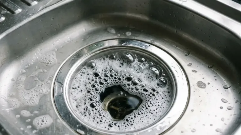A toilet bowl showing air bubbles rising from the water, indicating back-pressure from a saturated septic system.