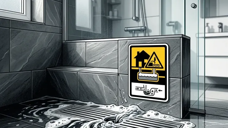 A shower drain with soapy water backing up and pooling around the drain, indicating a blocked drain line or septic system overload from laundry water.