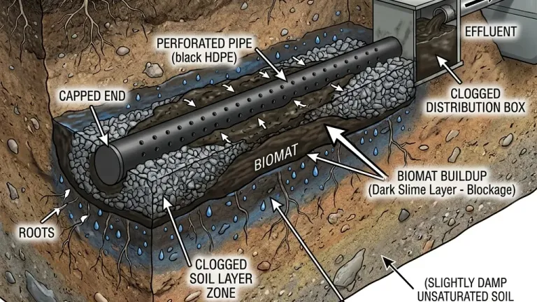 Cross-section of a clogged leach field with biomat build up, demonstrating where a shock treatment must reach.