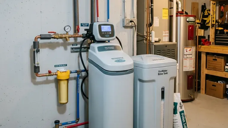 A residential water softener brine tank next to a home's water supply lines, showing salt discharge that flows into the septic system.