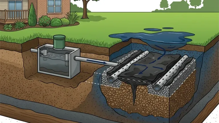 A cross-section diagram of a saturated leach field showing high water table and biomat obstruction.