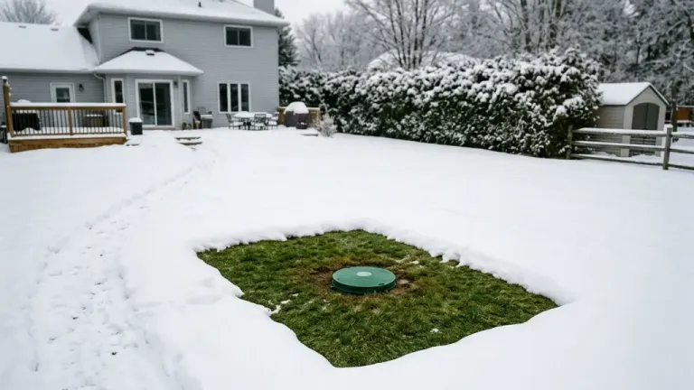 A backyard in winter showing a distinct circular patch of melted snow directly above a buried septic tank while surrounding ground is snow-covered.
