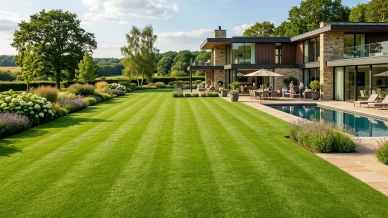 A sprawling, perfectly green and flawless backyard lawn behind a modern home.