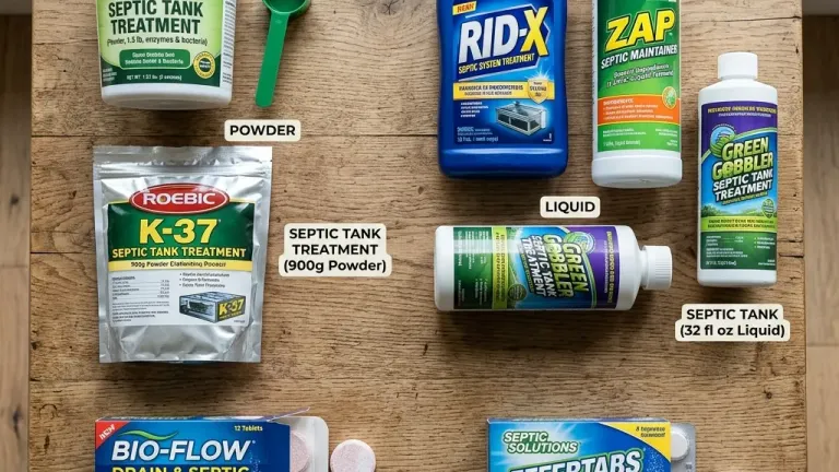 A comparative flat lay of various septic tank treatment products, including powders, liquids, and effervescent tablets, laid out on a clean wooden table.