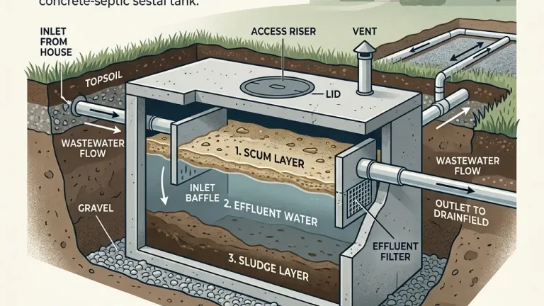 A cross-section illustration of a septic tank showing the three layers: scum on top, effluent in the middle, and a thick sludge layer on the bottom.