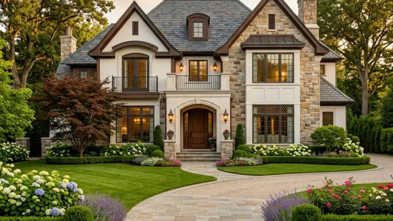 A beautiful, high-value suburban home exterior bathed in warm sunlight.