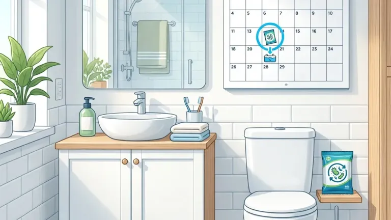 A calendar marked with a monthly septic treatment schedule next to a box of biological septic treatment packets.