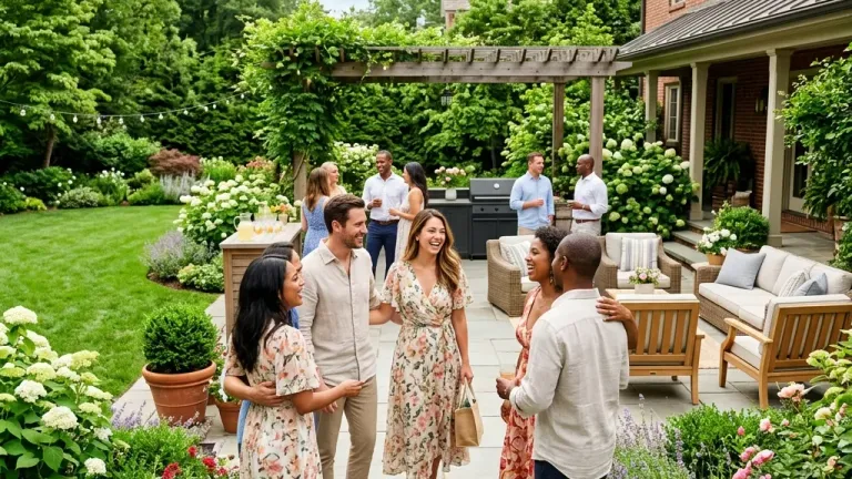 Happy guests arriving at a pristine and sunny suburban backyard patio, socializing in a fresh, odor-free environment.