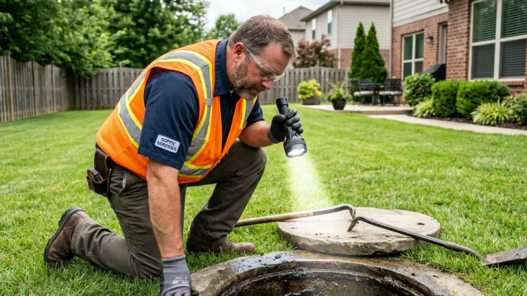 A certified septic inspector kneeling beside an open septic tank access port in a suburban backyard, using a flashlight to inspect the interior components.