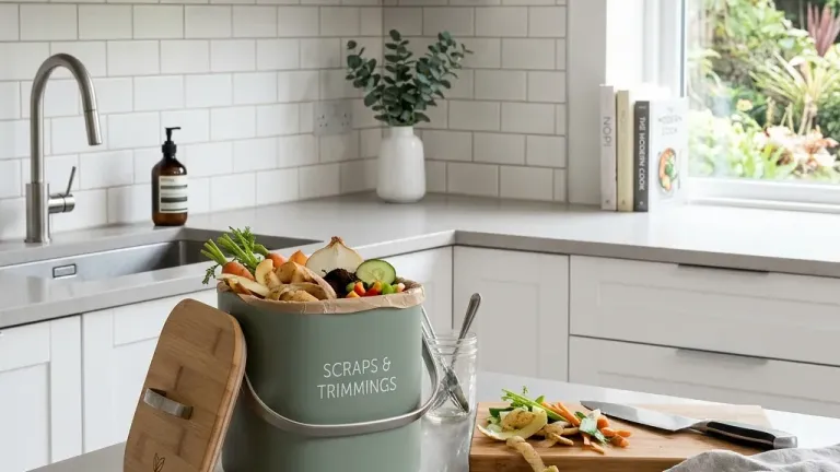 A countertop kitchen compost bin collecting vegetable scraps and food waste as an alternative to garbage disposal use.