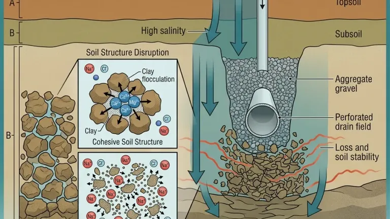 A scientific illustration showing salt and chloride ions from water softener brine discharge moving through soil layers around a septic drain field, disrupting soil structure.