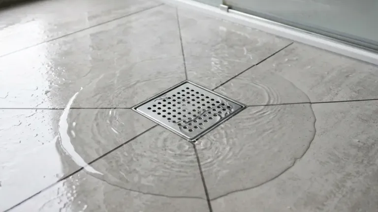 A bathroom floor drain with slow drainage, indicating potential septic system backup.