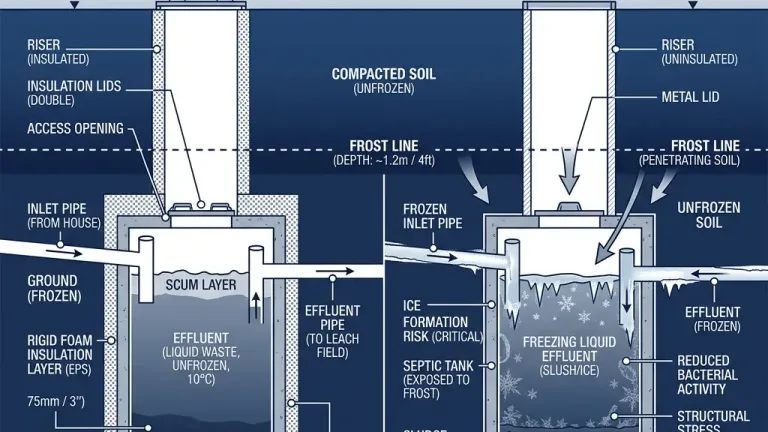 A cross-section diagram comparing an insulated septic tank installation versus an uninsulated one in winter conditions, showing frost line depth and thermal protection layer.