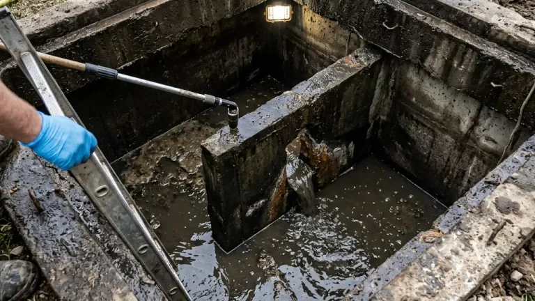 Interior inspection view of a concrete septic tank showing the inlet baffle and liquid level, used to assess biological health and structural condition.