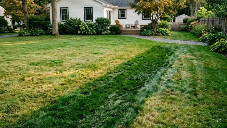 A suburban backyard lawn with patches of unusually green, wet grass above a failing septic drain field.